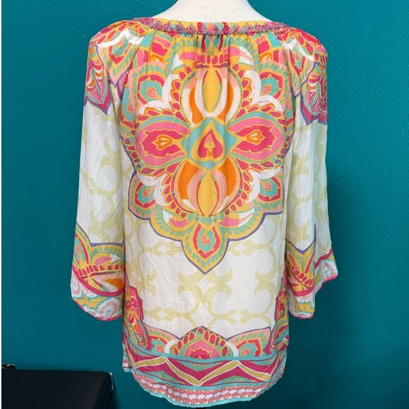 Hale Bob 100% Silk Beaded Neckline Multicolor Print Women's Blouse XS - Picture 6 of 11